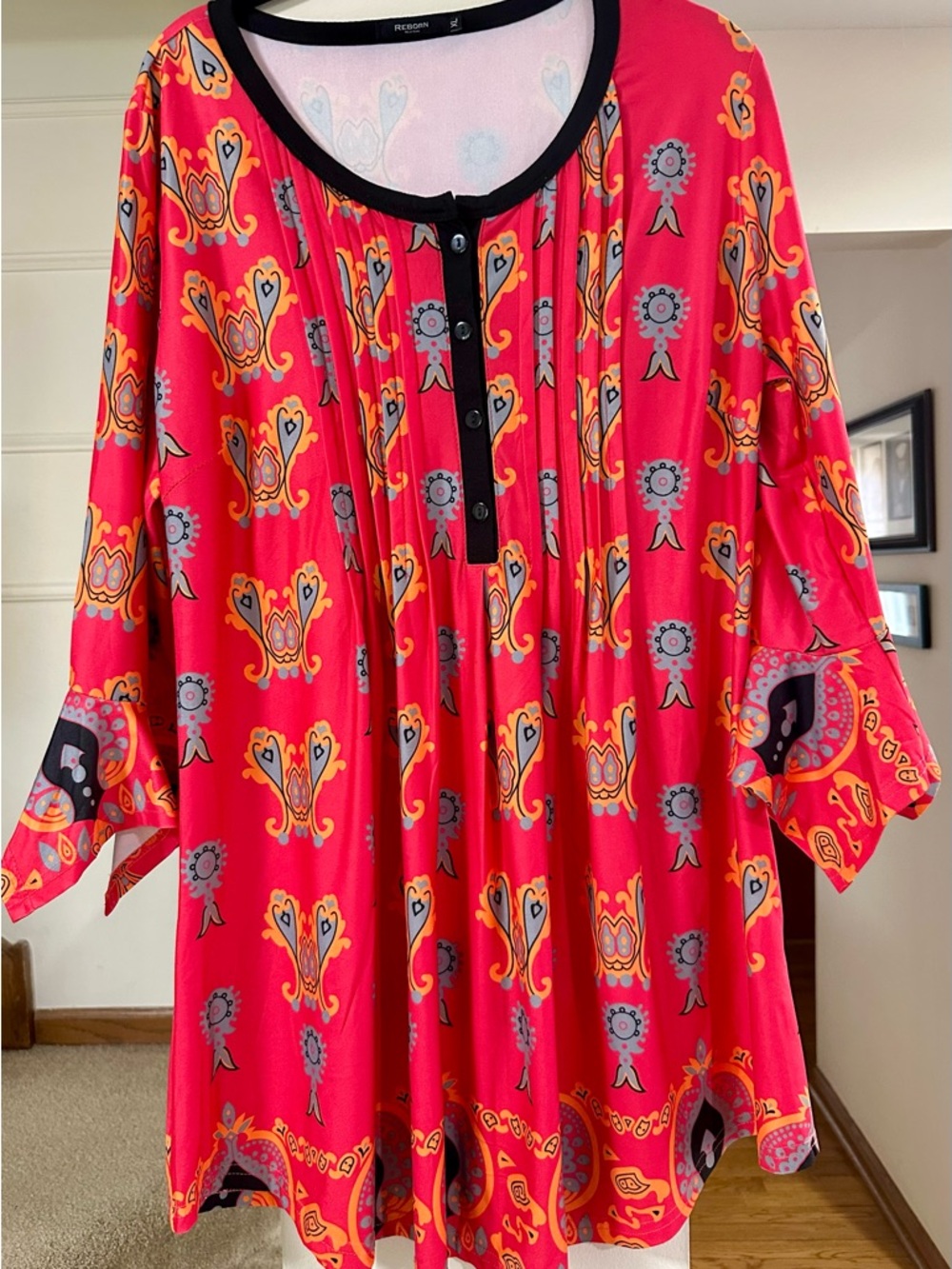 Reborn New York Bright Pink Printed Tunic with Black Trim Shirt size XL